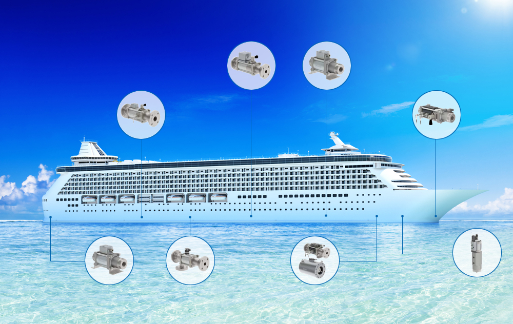 Afbeelding van een cruiseschip en verschillende coaxiale ventielen