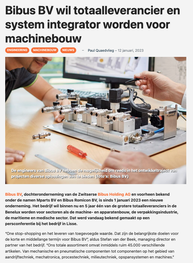 Bibus BV wil totaalleverancier en system integrator worden voor machinebouw